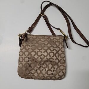 Coach Signature Jacquard Crossbody Bag Khaki Brown Leather Gold Hardware Logo